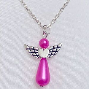 Faux pearl fushia pink handcrafted angel heart necklace silver plated chain